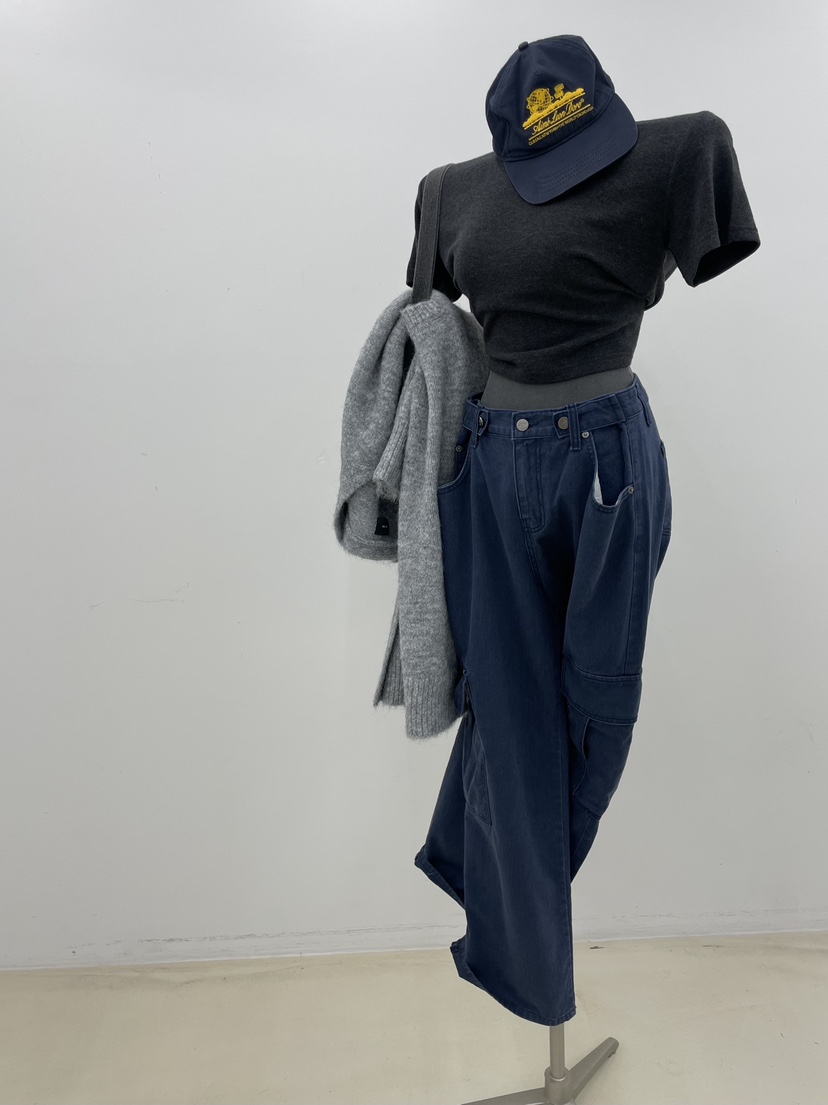 PROJECT ELF東大門實拍26秋冬闊腿工裝牛仔長褲休閑褲口袋工裝PROJECT ELF休閑褲