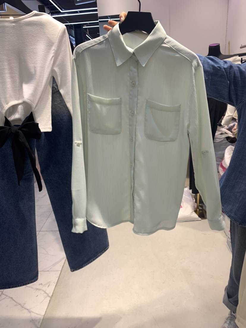 SINGLE LADY韓國直郵女裝新款休閑熱賣24春夏襯衫蕾絲衫WASHBLUE襯衫/蕾絲衫