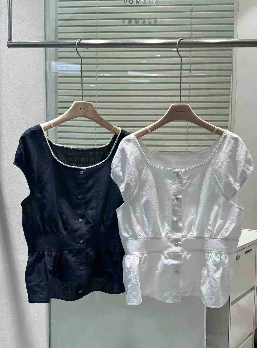 POMELO直郵韓國代購女裝新品人氣24春夏襯衫蕾絲衫蕾絲亞麻POMELO襯衫/蕾絲衫