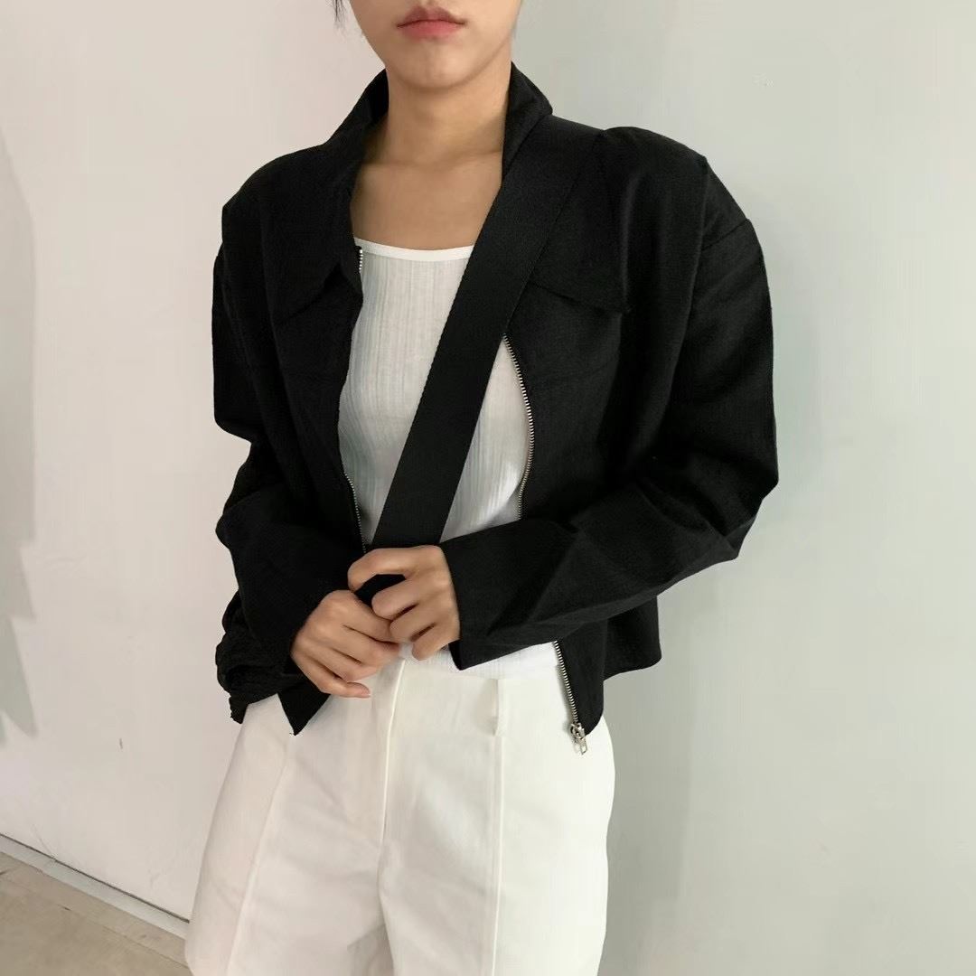 BIRTHDAY-OT韓國直郵東大門實拍女裝新品推薦夾克拉鏈亞麻BIRTHDAY-OT夾克