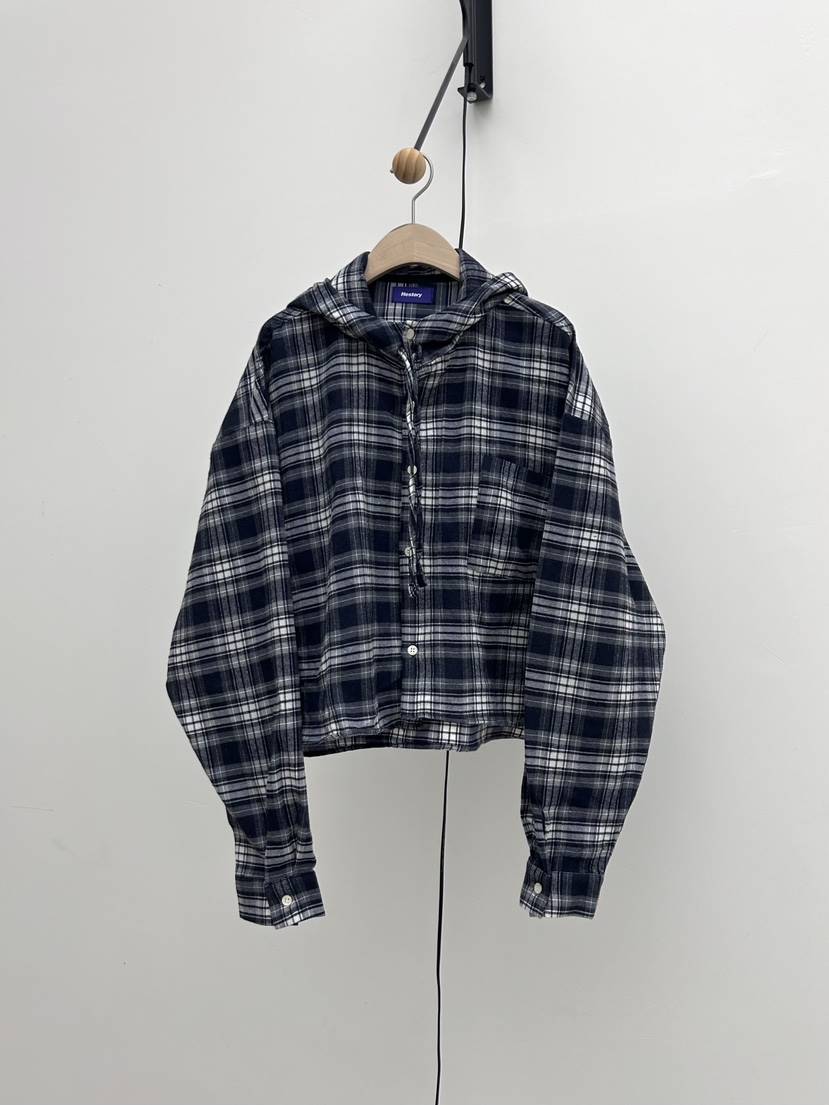 HESTORY直郵韓國代購女裝新品休閑推薦襯衫蕾絲衫格紋短款連帽HESTORY襯衫/蕾絲衫