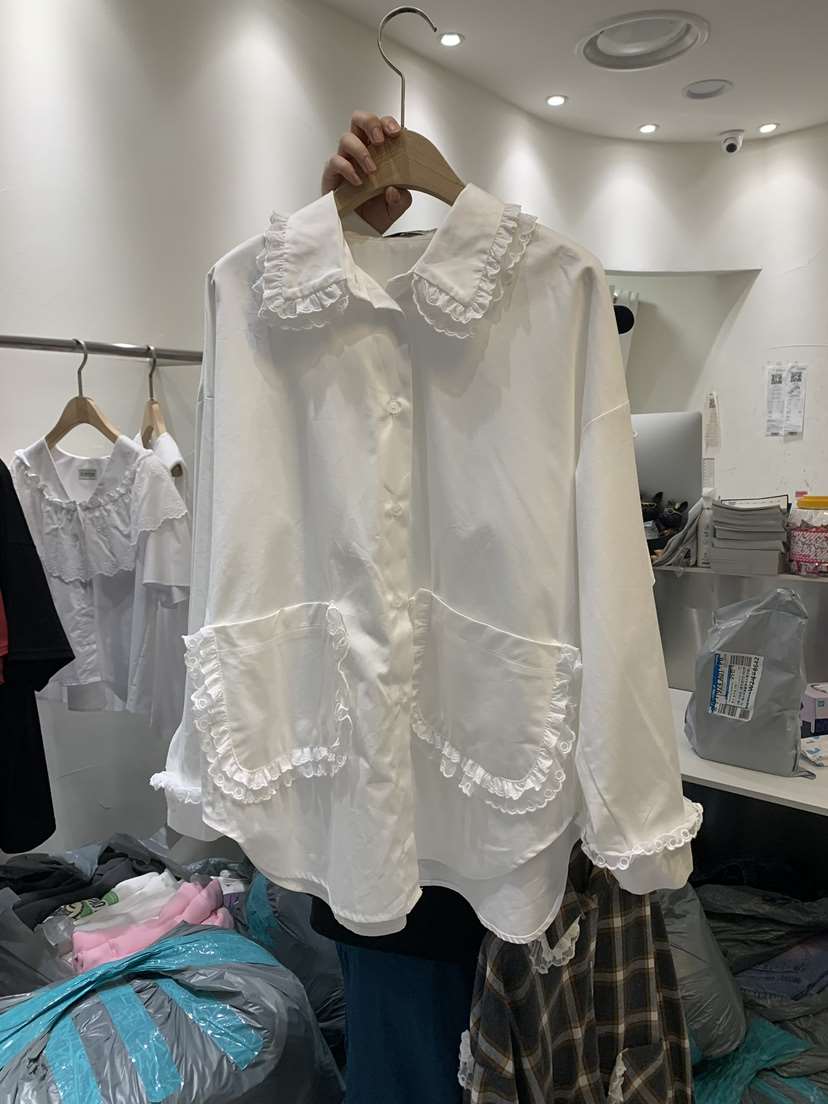 JUPITER直郵韓國代購女裝新款休閑推薦時尚襯衫蕾絲衫格紋蕾絲JUPITER襯衫/蕾絲衫