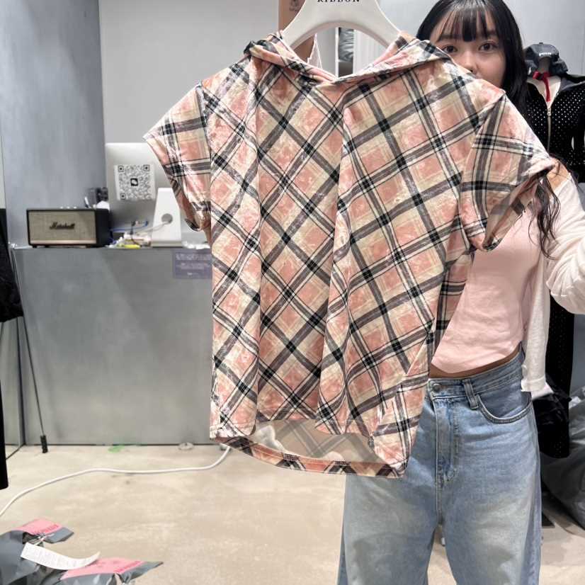 RIBBON韓國直郵東大門實拍女裝新品24春夏襯衫蕾絲衫天鵝絨格紋RIBBON襯衫/蕾絲衫