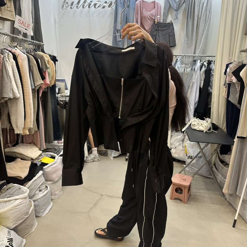 BILLION-L韓國直郵東大門實拍女裝新款休閑襯衫蕾絲衫拉鏈BILLION-L襯衫/蕾絲衫