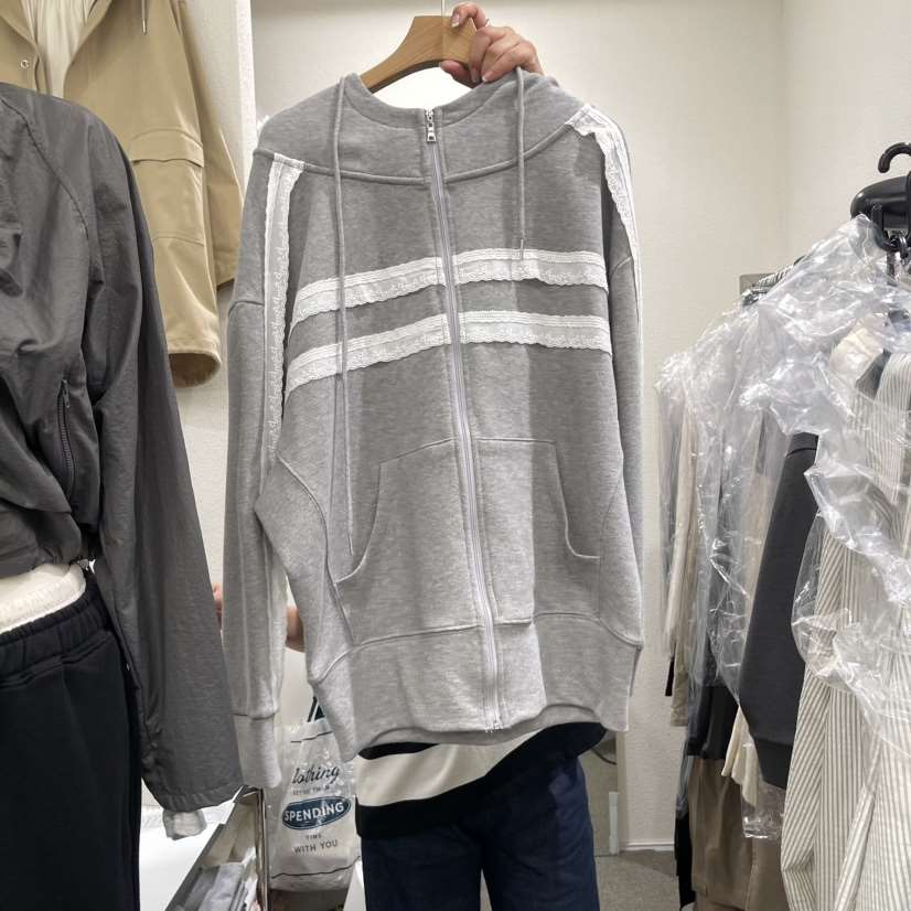 VILLABUTTON直郵韓國代購女裝新款職業真品衛衣拉鏈蕾絲連帽VILLABUTTON衛衣