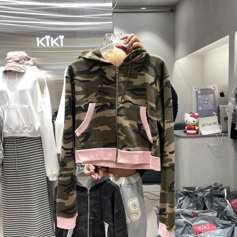 KiKi韓國直郵東大門代購女裝新品真品衛衣拉鏈迷彩短款連帽KIKI衛衣