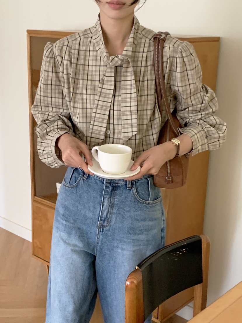 BOUND.A韓國直郵東大門代購女裝新款24秋冬襯衫蕾絲衫格子BOUND.A襯衫/蕾絲衫