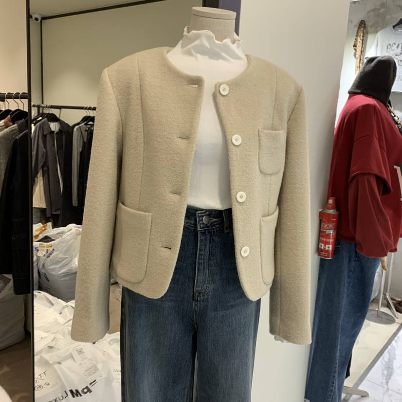 RE STOCK韓國直郵東大門實拍女裝新品熱賣休閑夾克口袋花呢RE STOCK夾克