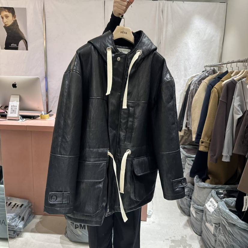piTa直郵韓國代購女裝新款推薦人氣24秋冬短款大衣皮革連帽THE VERLIN/piTa短款大衣