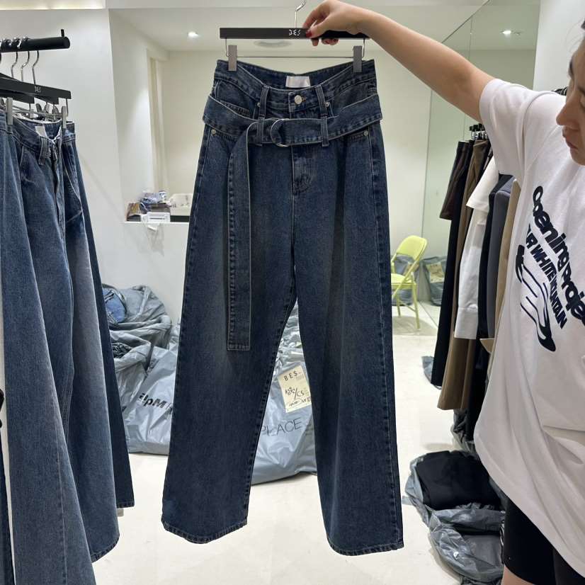 BES韓國直郵東大門實拍女裝新款人氣時尚24秋冬牛仔褲含腰帶BES牛仔褲