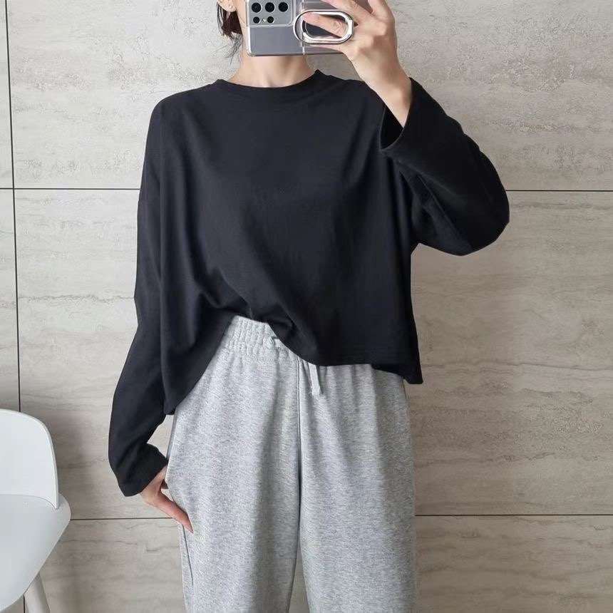 SNS韓國直郵東大門代購女裝新品熱賣休閑職業人氣長袖T恤短款SNS長袖T恤