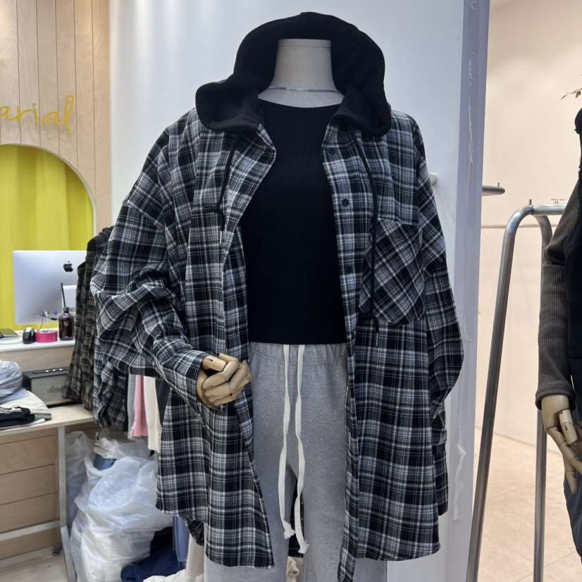 VARIAL直郵韓國代購女裝新款時尚職業24秋冬襯衫蕾絲衫格紋連帽VARIAL襯衫/蕾絲衫