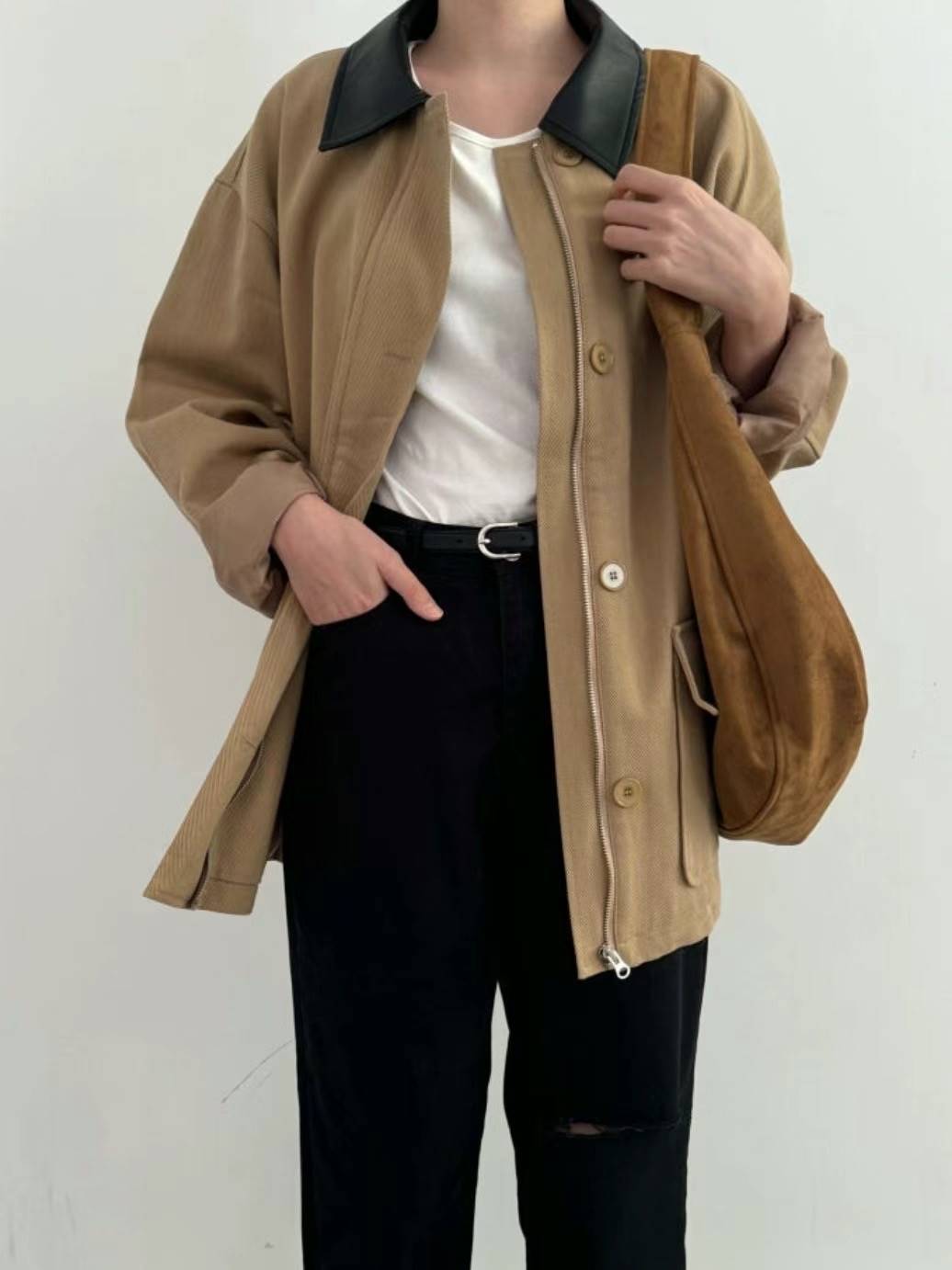 ROVENDI韓國直郵女裝新款人氣時尚休閑職業真品夾克皮革拼色ROVENDI夾克