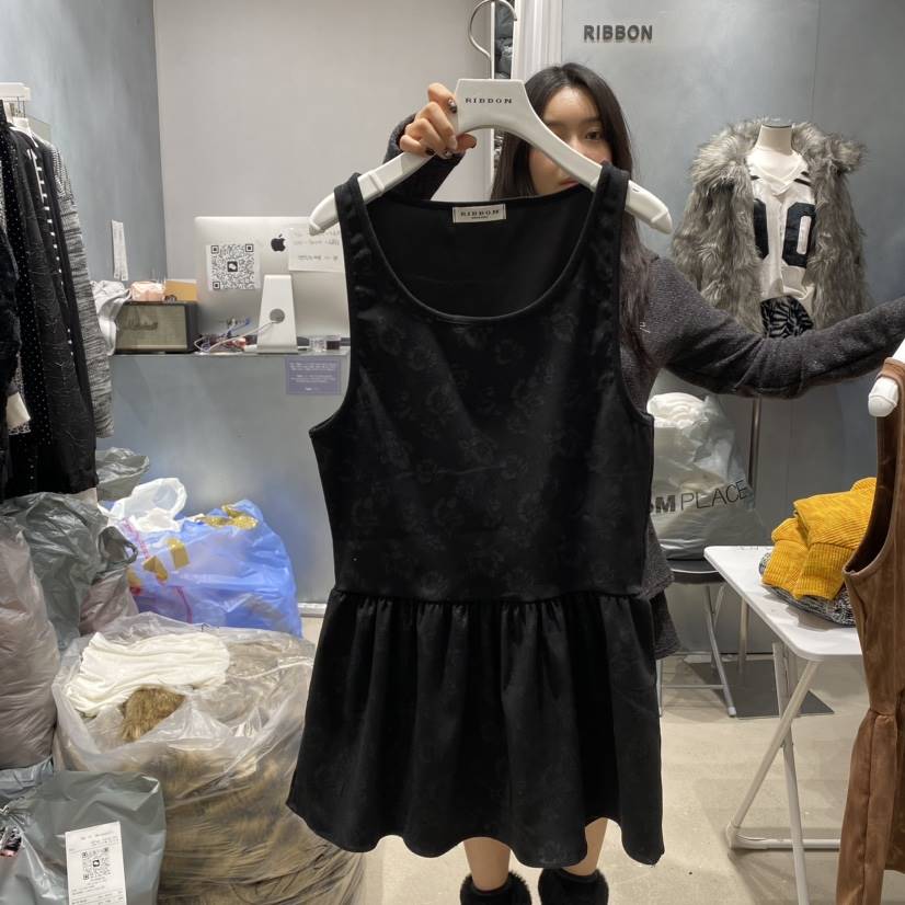 RIBBON韓國直郵東大門代購女裝新品推薦真品休閑連衣裙絨面革RIBBON連衣裙