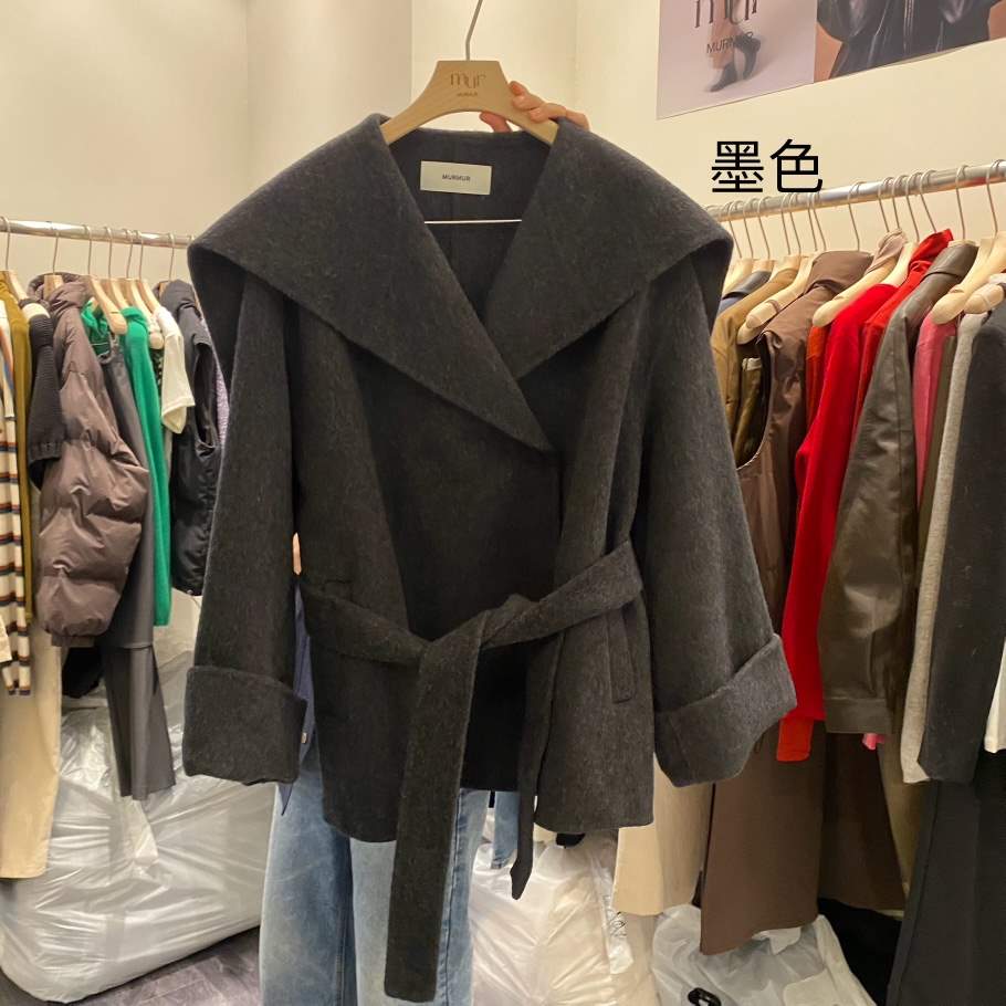 MURMUR韓國直郵東大門代購女裝新款時尚短款大衣含腰帶手工MURMUR短款大衣
