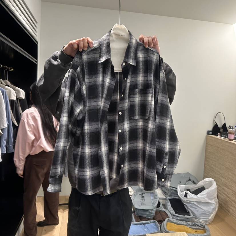 REMOOD韓國直郵東大門實拍女裝新品時尚襯衫蕾絲衫拉絨格紋FRENCH DOOR襯衫/蕾絲衫