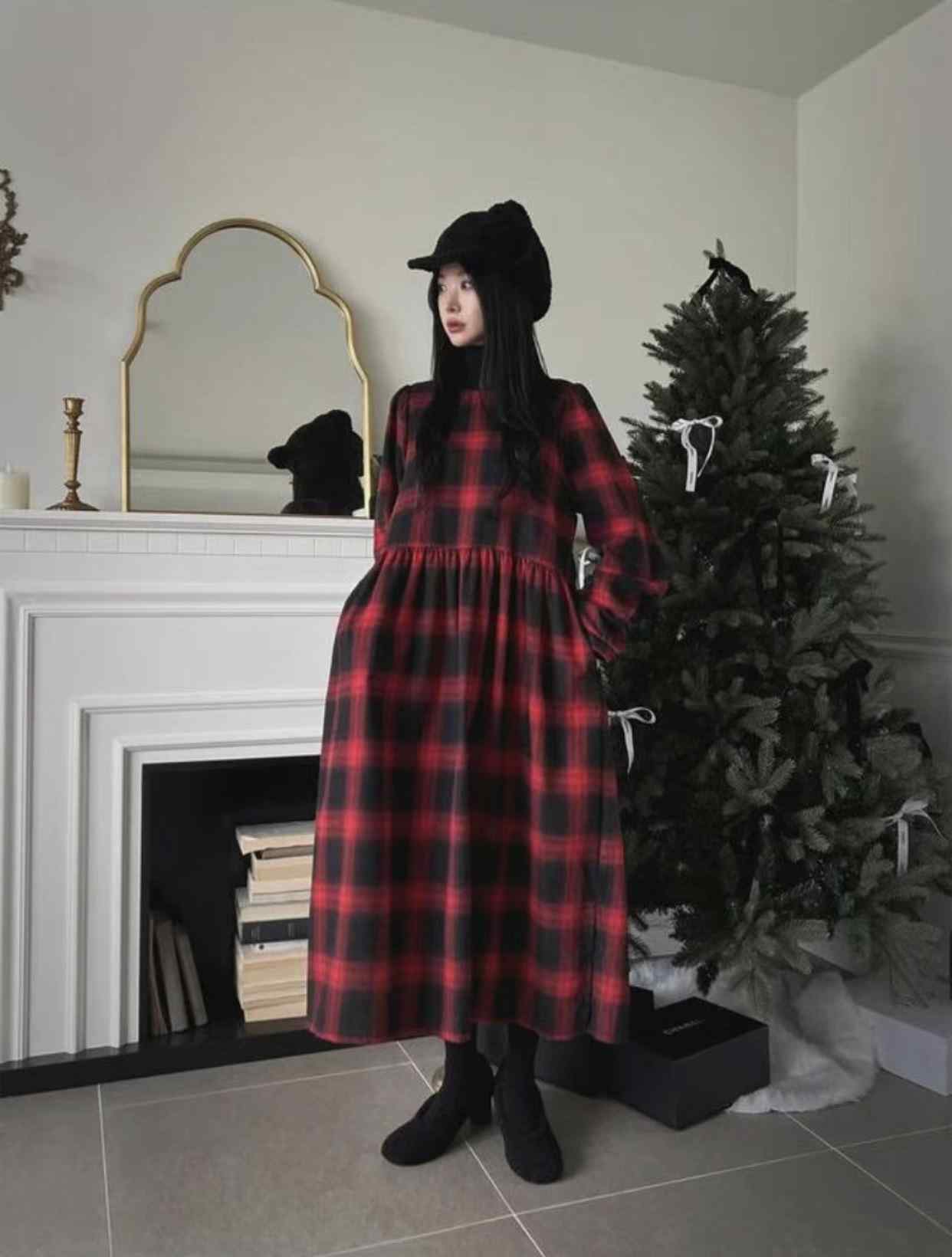 STYLE LOUNGE韓國直郵女裝新款24秋冬推薦連衣裙拉絨格紋STYLE LOUNGE連衣裙