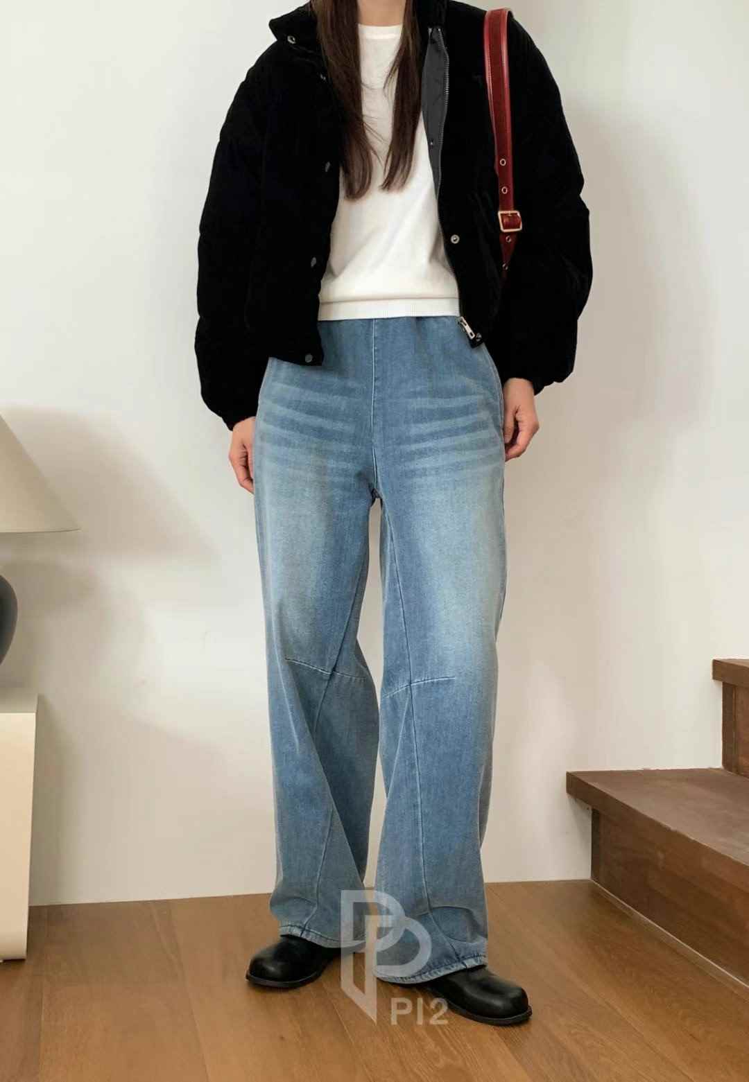 PI2韓國直郵東大門實拍女裝新款休閑24秋冬職業牛仔褲加絨Pi2牛仔褲