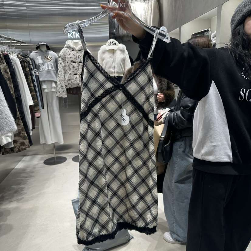 KiKi韓國直郵東大門代購女裝新款休閑人氣連衣裙天鵝絨格紋KIKI連衣裙