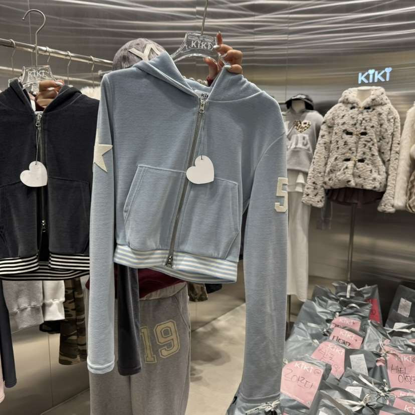 KiKi直郵韓國代購女裝新款熱賣職業人氣衛衣天鵝絨連帽拉鏈KIKI衛衣