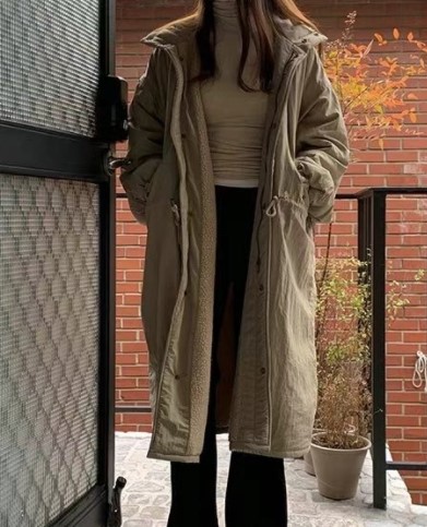 FLATYOU東大門實拍女裝新款真品時尚人氣中長款大衣羊毛連帽AUBEENDEAR中長款大衣