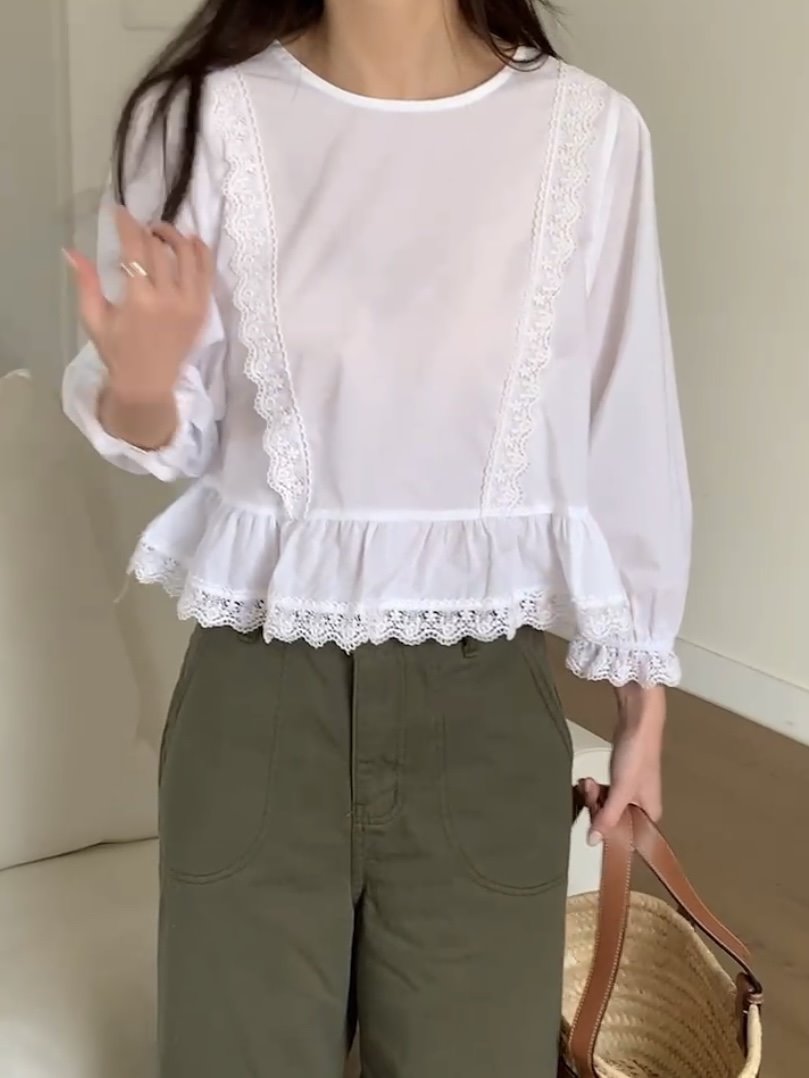 WOOD韓國直郵女裝新品時尚休閑推薦人氣25春夏襯衫蕾絲衫蕾絲WOOD襯衫/蕾絲衫