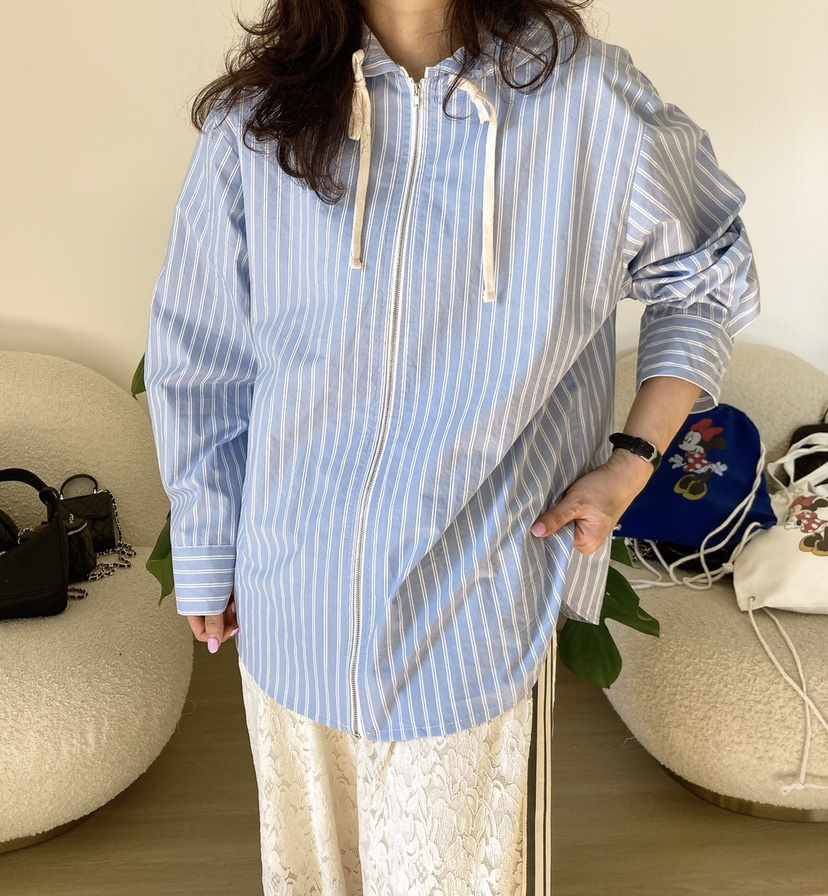 HANNA-A韓國直郵東大門代購女裝新品熱賣襯衫蕾絲衫拉鏈連帽HANNA襯衫/蕾絲衫