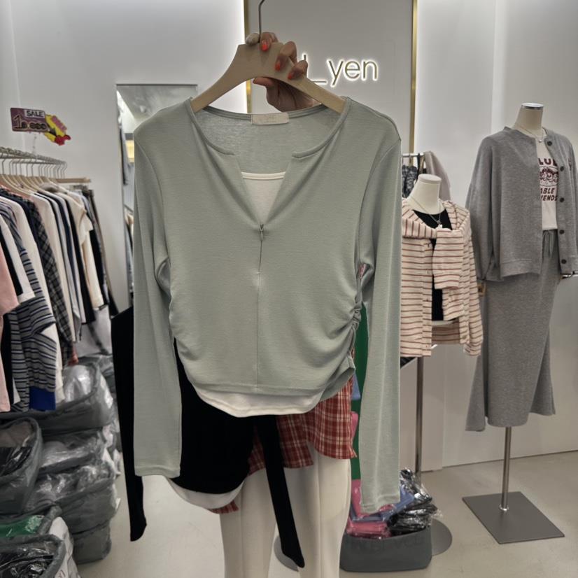 N YEN直郵韓國代購女裝新品時尚職業熱賣長袖T恤假兩件拉鏈N YEN長袖T恤