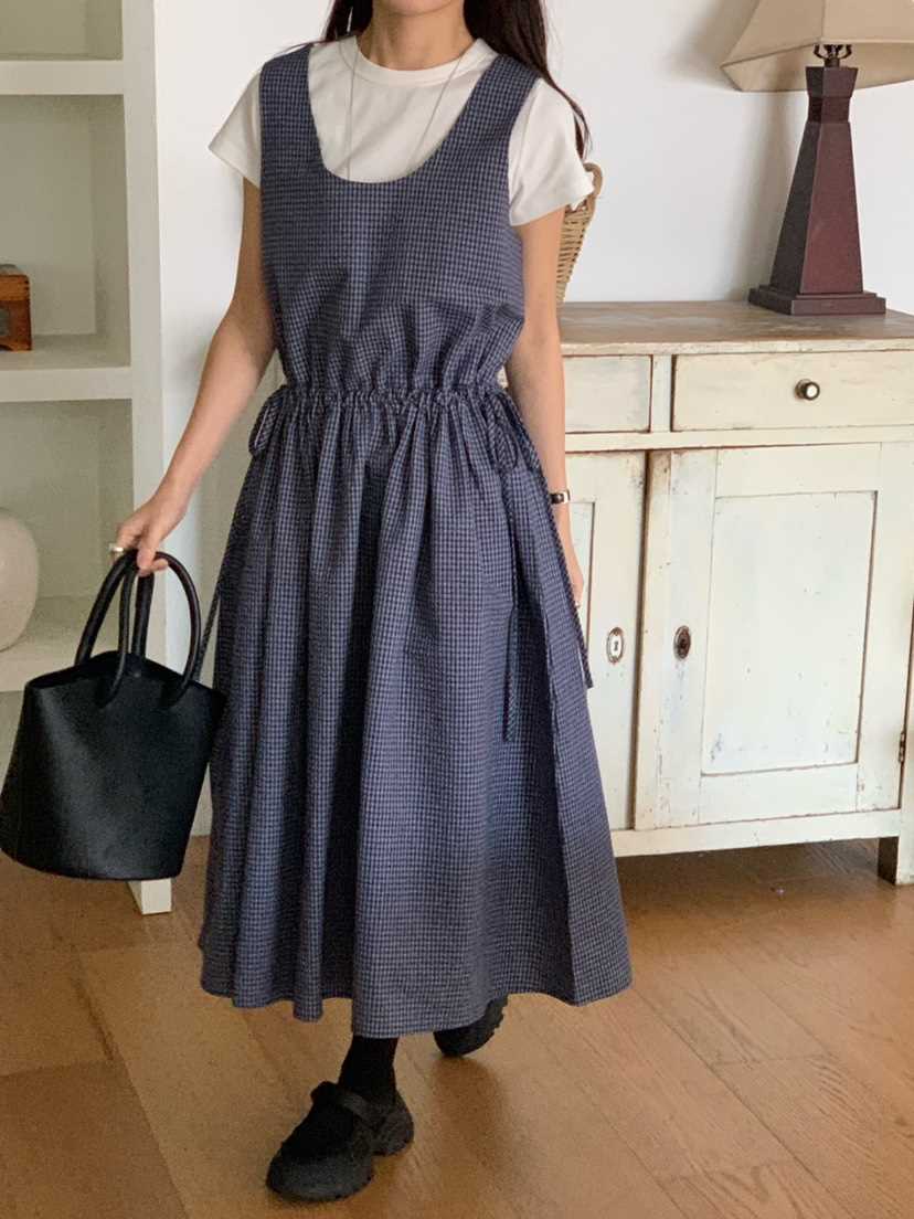 FRILL-T韓國直郵東大門代購女裝新品時尚職業連衣裙格紋長款FRILL-T連衣裙