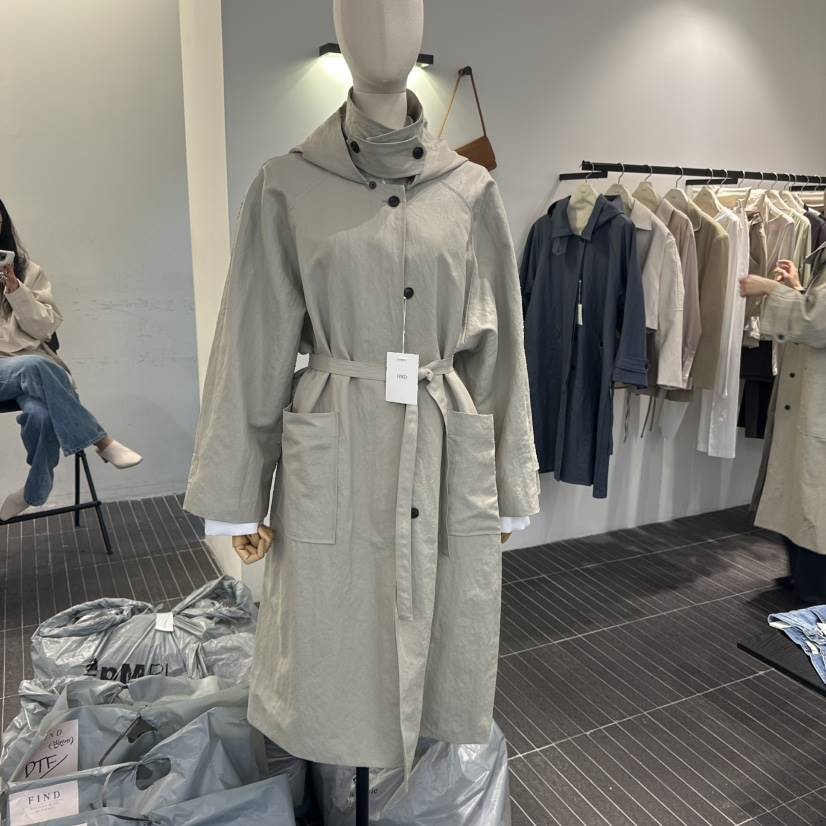 FIND-P直郵韓國代購㊣女裝新品職業25春夏長款風衣兜帽腰帶FIND-P長款風衣