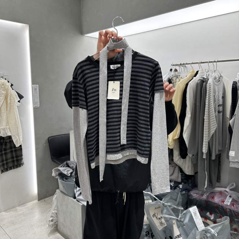ANDE韓國㊣直郵東大門代購女裝新品時尚職業熱賣長袖T恤含脖帶ANDE長袖T恤