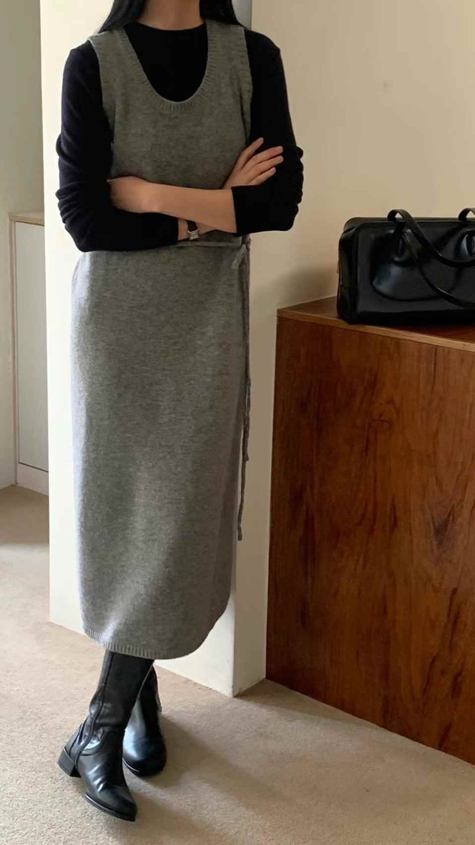 FLAT WHITE東大門直郵女裝新款休閑熱賣真品25春夏連衣裙含腰繩FLAT WHITE連衣裙