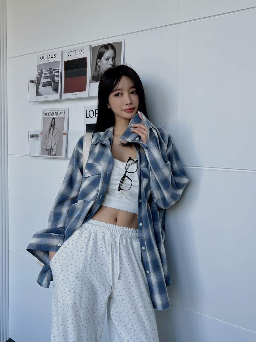 CLOTH韓國㊣直郵東大門代購女裝新款人氣襯衫蕾絲衫格紋寬松CLOTH襯衫/蕾絲衫