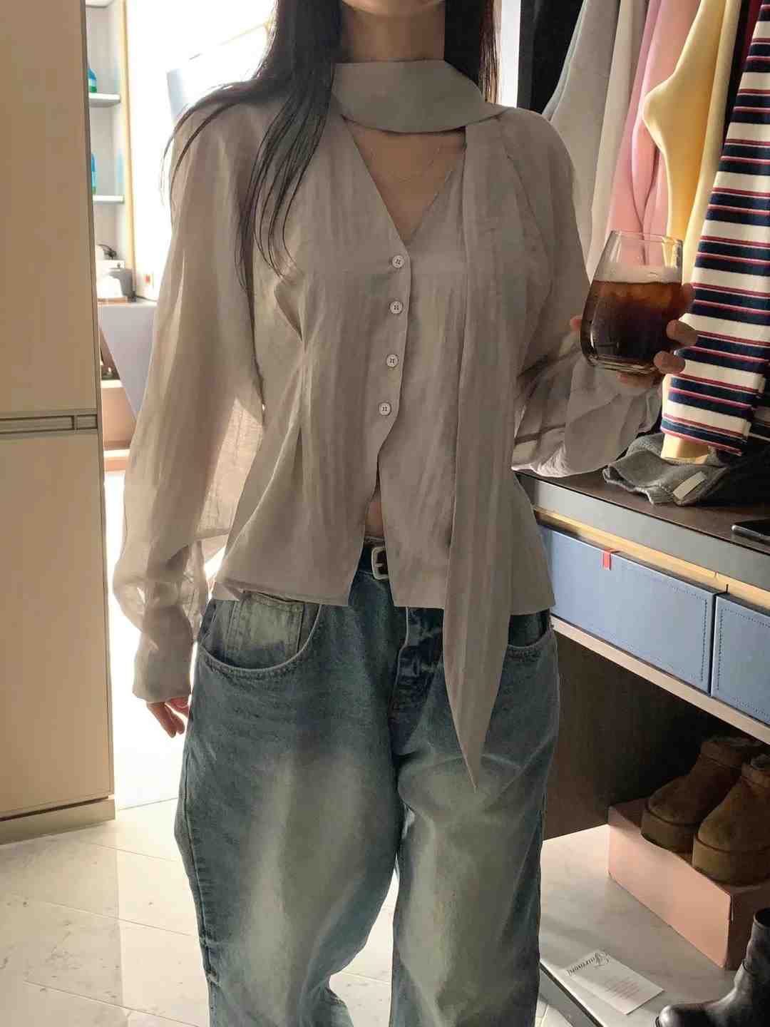 FORMAL韓國㊣直郵東大門代購女裝新品時尚襯衫蕾絲衫含脖帶FORMAL襯衫/蕾絲衫