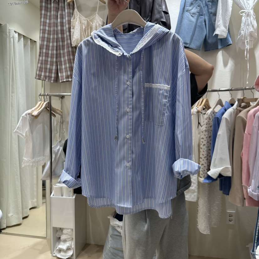 COCOMATON韓國直郵㊣東大門實拍女裝新品休閑襯衫蕾絲衫兜帽COCOMATON襯衫/蕾絲衫