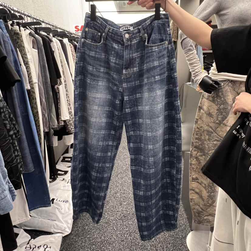 NUEUN韓國代購女裝新品人氣真品休閑熱賣時尚職業牛仔褲格紋NUEUN/SEEOT牛仔褲