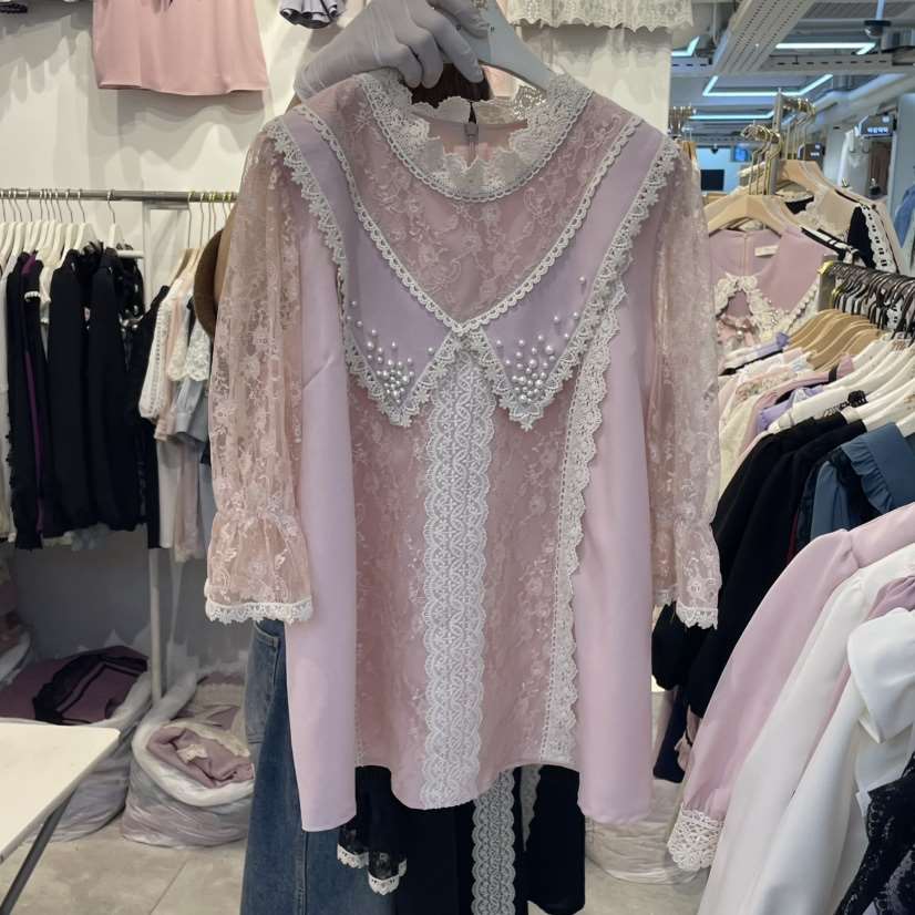 PAPA直郵韓國代購㊣女裝新品25春夏休閑推薦熱賣襯衫蕾絲衫PAPA襯衫/蕾絲衫