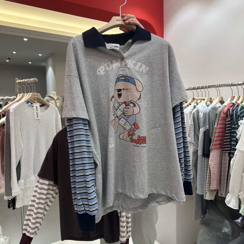 MINI UNNI直郵韓國代購㊣女裝新品時尚25春夏長袖T恤假兩件MINI UNNI長袖T恤