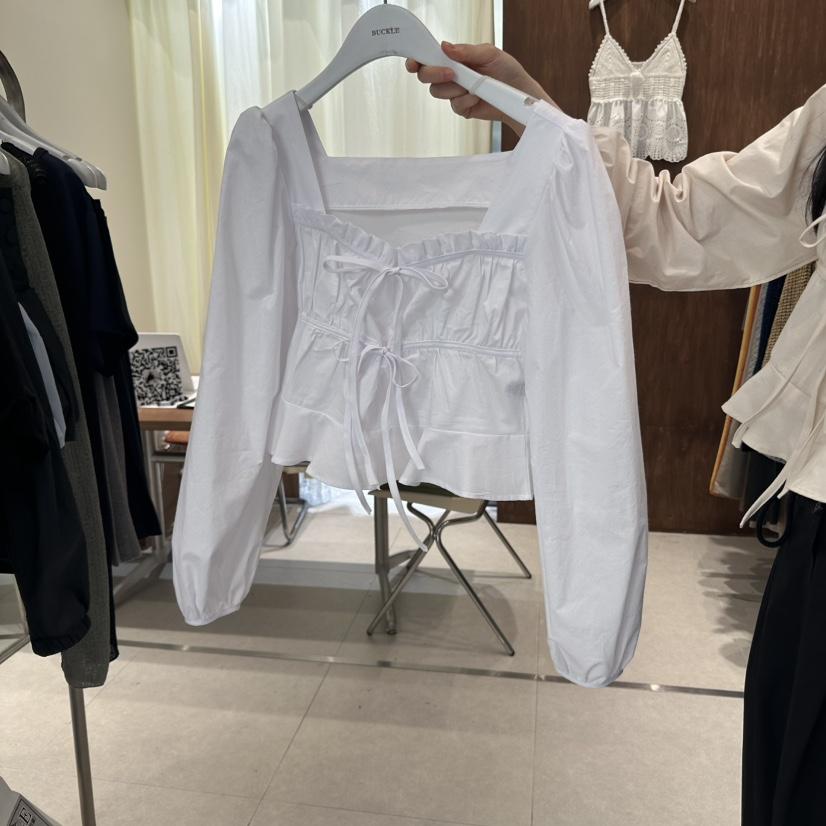 BUCKLE直郵韓國代購㊣女裝新品熱賣休閑人氣襯衫蕾絲衫褶皺BUCKLE襯衫/蕾絲衫