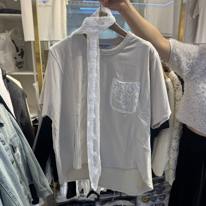 COCO HOLIC韓國直郵女裝新款熱賣休閑25春夏T恤含脖帶蕾絲COCO HOLICT恤