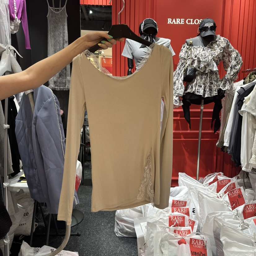 RARE CLOSET東大門代購女裝新款熱賣真品人氣長袖T恤兜帽蕾絲RARE CLOSET長袖T恤