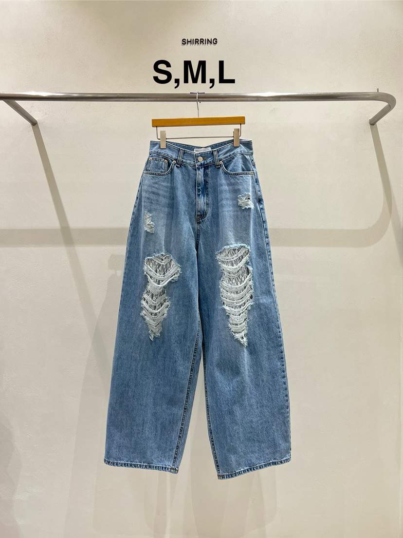 SHIRRING東大門實拍女裝新款真品25春夏休閑職業牛仔褲蕾絲SHIRRING牛仔褲