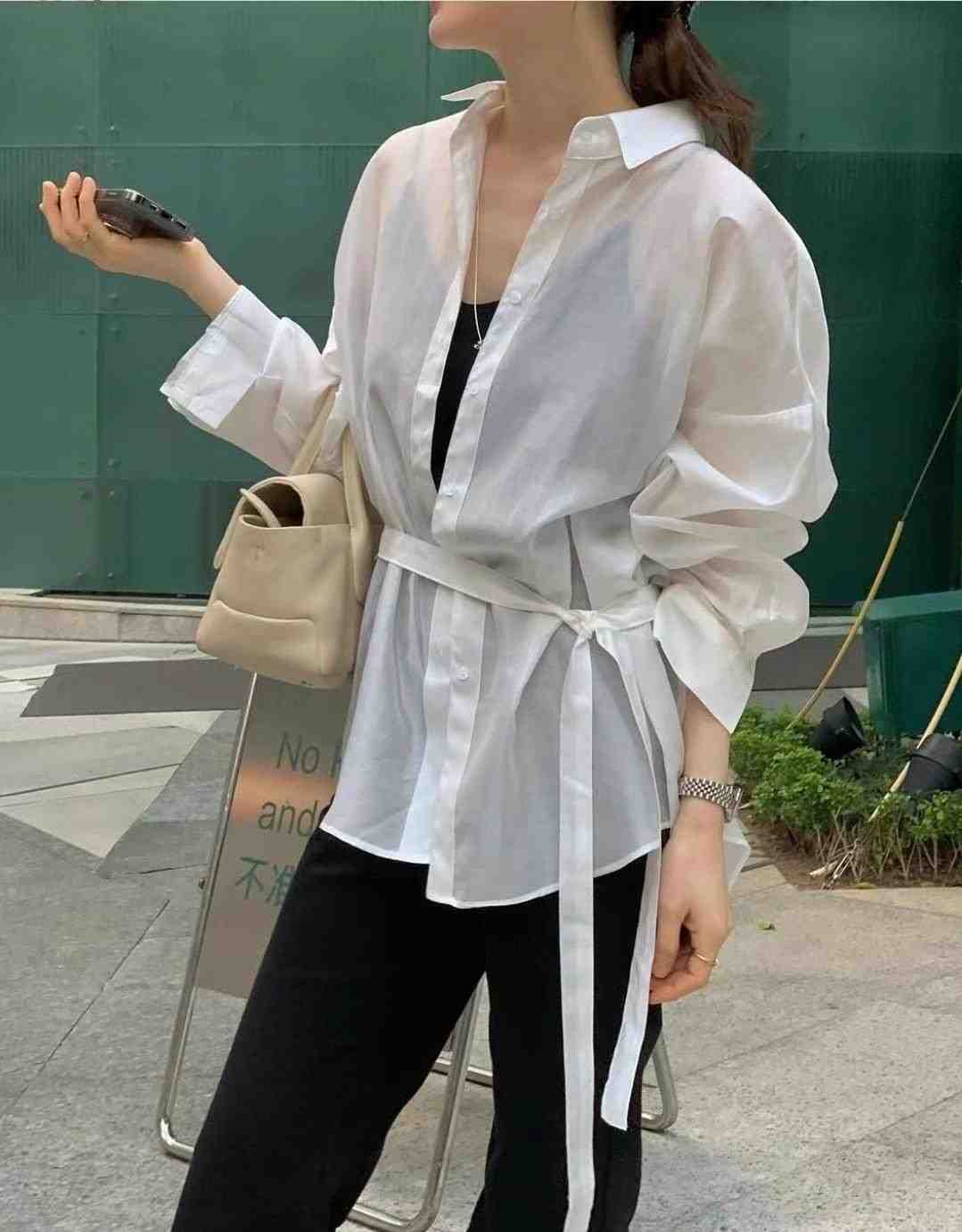 WEARRAW韓國㊣直郵東大門代購女裝新款休閑襯衫蕾絲衫不含腰帶寬松WEARRAW襯衫/蕾絲衫