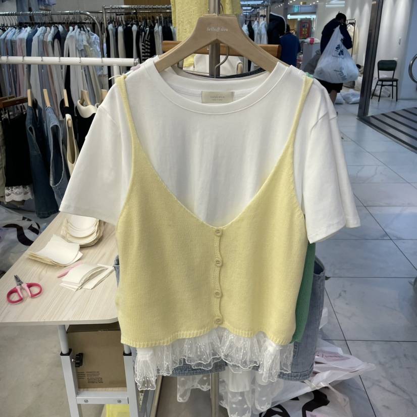 LULULALLA韓國直郵女裝新品人氣時尚職業休閑T恤紐扣背心蕾絲LULULALLAT恤