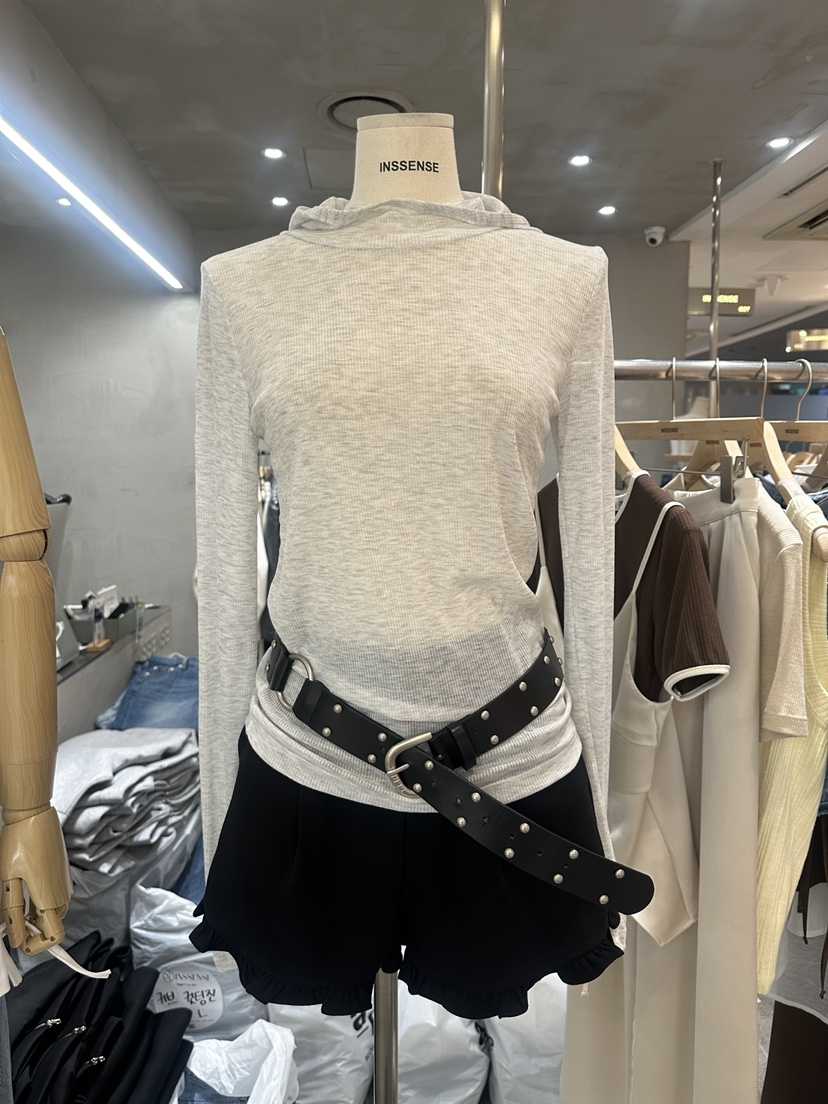 INSSENSE-A韓國直郵㊣東大門實拍女裝新品時尚長袖T恤不含腰帶連帽衫天絲透明INSSENSE-A長袖T恤