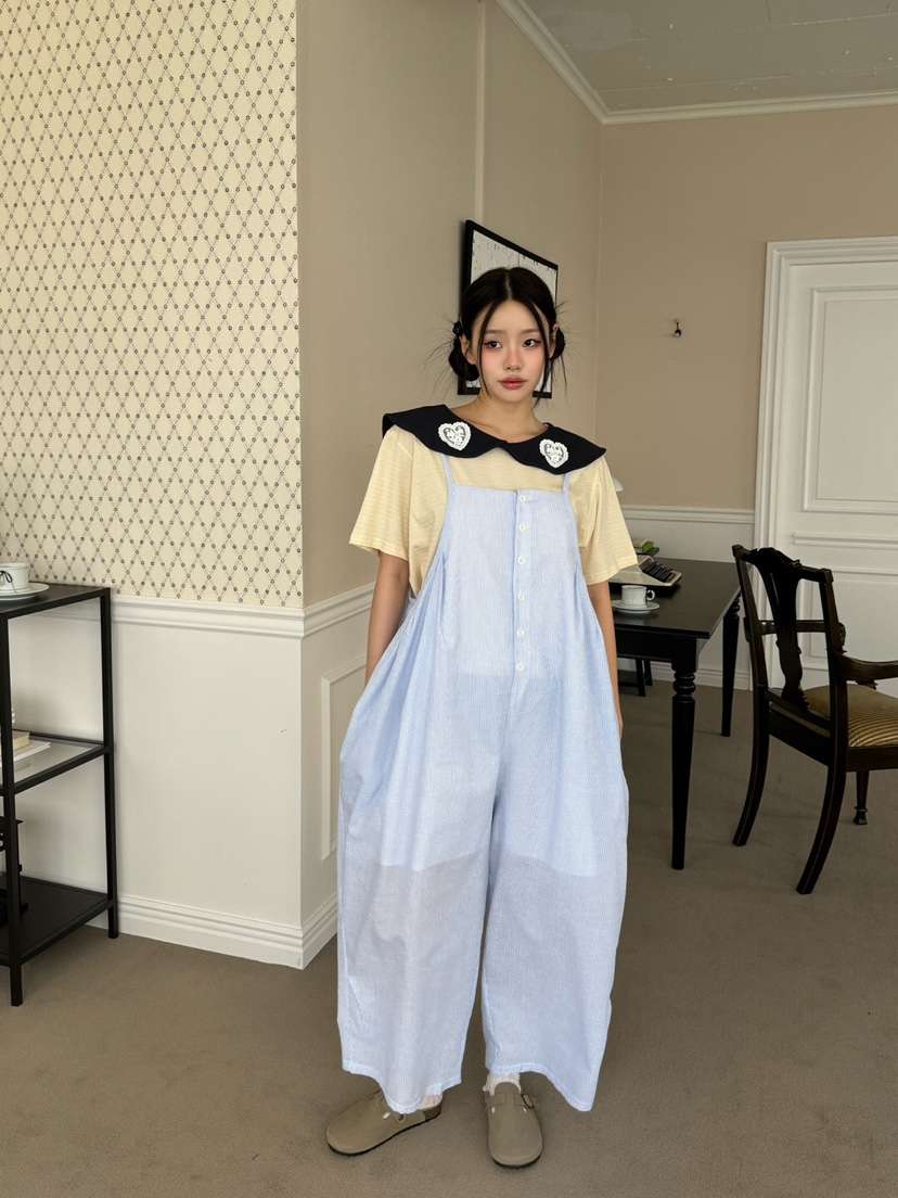 MAISONDEGLORY韓國直郵㊣女裝新款推薦休閑25春夏背帶褲條紋MAISON DE GLORY背帶褲