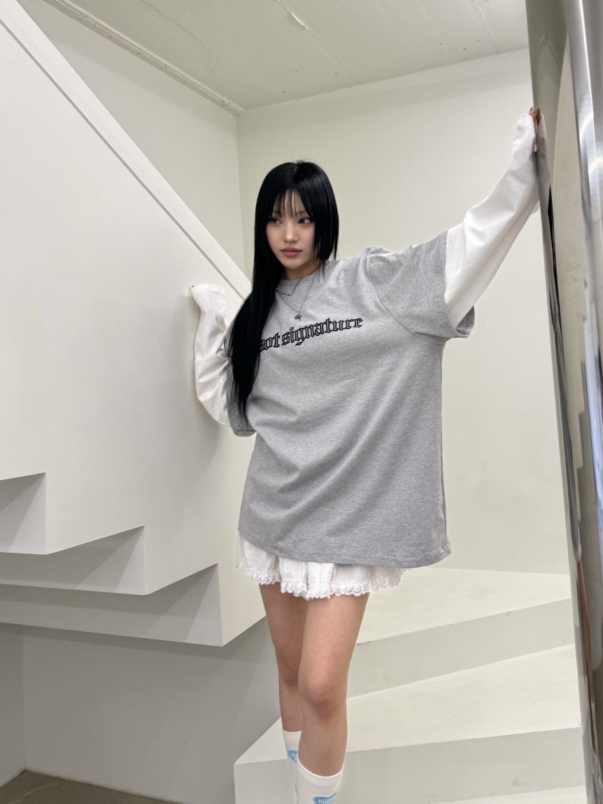 SEEOT韓國㊣直郵東大門代購女裝新品人氣長袖T恤假兩件刺繡GGD長袖T恤