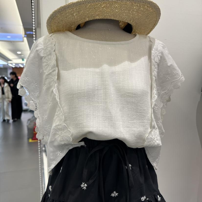 A.CES韓國直郵㊣女裝新款25春夏人氣時尚推薦熱賣T恤蕾絲亞麻A.CEST恤