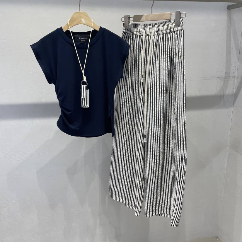 空直郵韓國代購㊣女裝新品人氣休閑時尚推薦25春夏套裝條紋HOT ISSUE套裝