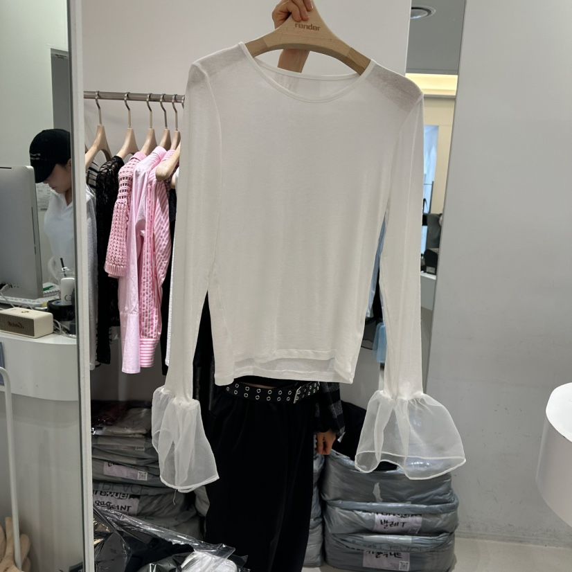 RENDER韓國㊣直郵東大門代購女裝新品25春夏長袖T恤泡泡袖歐根紗RENDER長袖T恤